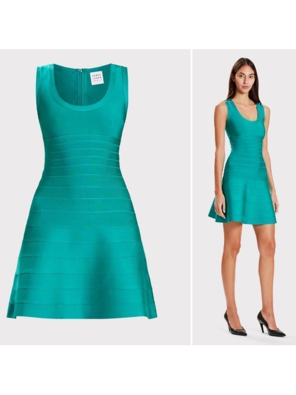 NWT Herve Leger Scoop Neck Teal Sleeveless Bandage Fit-and-Flare Mini Dress XS